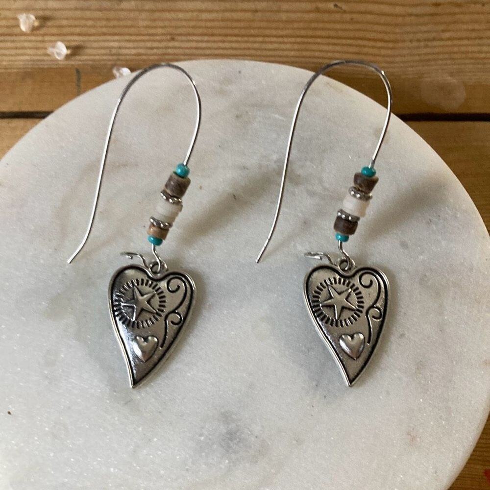 Drop dangle hoop Earrings silver turquoise,  native American style heart